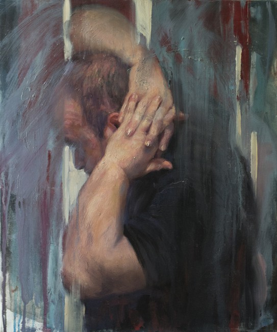  torso of a strongly built young man in a T-shirt with hands clasped behind head and neck Alejandro DeCinti, Contraluz, 2008, Oil and alkyd on canvas, 55 x 46 cm